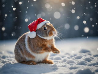Fototapeta na wymiar Winter Whimsy, Adorable Bunny Decked out as Santa Claus Enjoying the Snowfall.