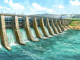 Large dam with water flowing over it.
