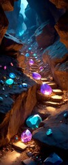 Underground mining scene, with jewels, ruby, gemstones fantasy style landscape photo, glowing, extreme vertical photo