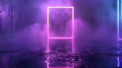Frame with neon neon on water surface Glow of magic light on a purple portal with shimmers and flares Realistic abstract 3D modern background with a purple portal and sky flares 