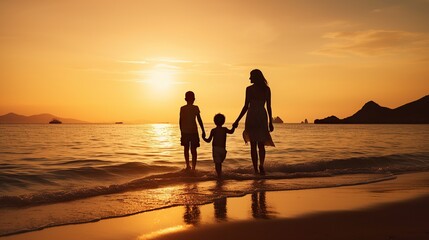 happy family with child on tropical beach, with sunset background