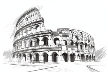Black and white line drawing illustration of Colosseum in Rome, Italy. one of the seven wonders of the ancient world

