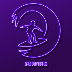 surfing neon sign, modern glowing banner design, colorful modern design trend on black background. Vector illustration.