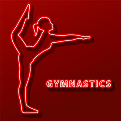 gymnastics neon sign, modern glowing banner design, colorful modern design trend on black background. Vector illustration.