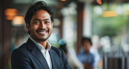 Fototapeta premium A man in a suit is smiling and posing for a picture
