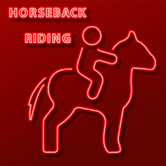 horseback riding neon sign, modern glowing banner design, colorful modern design trend on black background. Vector illustration.
