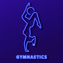 gymnastics neon sign, modern glowing banner design, colorful modern design trend on black background. Vector illustration.
