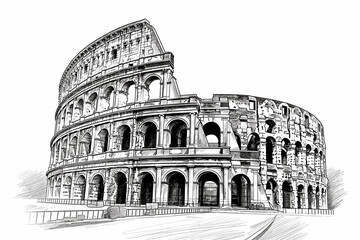 Black and white line drawing illustration of Colosseum in Rome, Italy. one of the seven wonders of the ancient world
