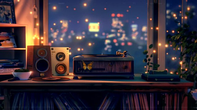 Animated background of equipment music on the table with view city at night. looping time-lapse video