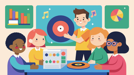 In the vinyl record education class for younger kids the instructor uses colorful images and handson activities to teach them about the science of Vector illustration