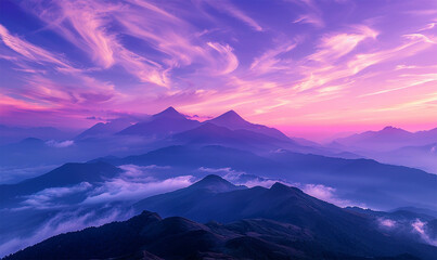 Purple sunset, mountains veiled in mist, long shadows dance