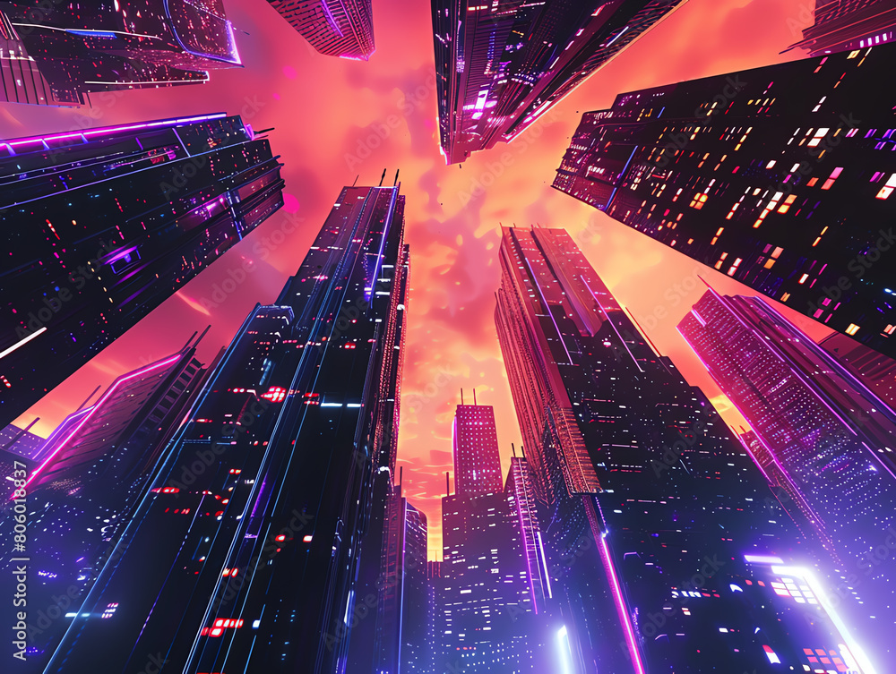Poster create a minimalist design of a futuristic cityscape for a virtual reality experience