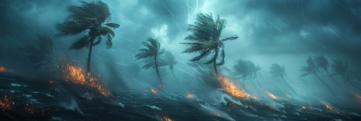 Tropical tempest batters seaside palm haven - obrazy, fototapety, plakaty