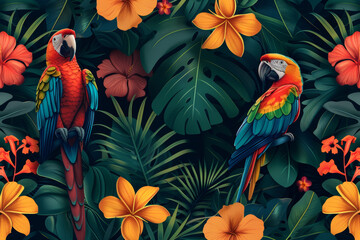 Obraz premium Two colorful parrots are perched on a lush green tree in a tropical jungle