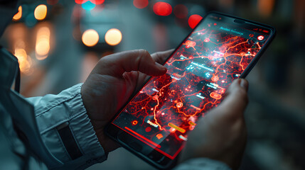 A close-up view of a person using an emergency navigation app on a smartphone in rainy weather, with bokeh lights in the background