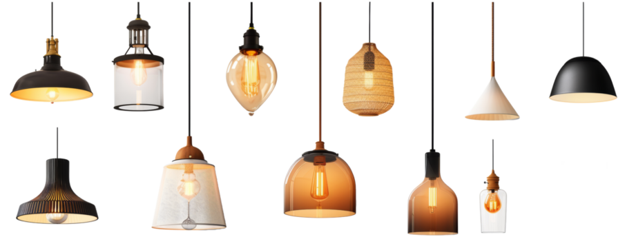 Set of Chandelier, Pendant Lamp, Ceiling Lamp and Hanging Lamp isolated on transparent background. Cutting dessert elements. Top view high quality PNG." design elements, top view / flat lay