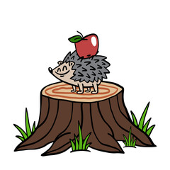 Cute hedgehog cartoon character with red apple on a tree stump. Vector illustration isolated on white.