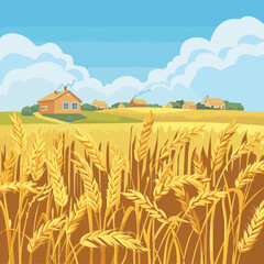 Golden wheat field ripe harvest, rural houses distance under blue sky. Countryside landscape, yellow wheat ears, farming scene, summer day. Farmhouse surrounded agricultural land, crops swaying © Vectorvstocker