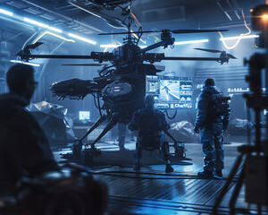 Design a CG 3D composition showcasing a drone capturing a clandestine meeting between characters in a sleek sci-fi environment
