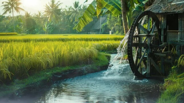 a very beautiful waterwheel located in the rice fields. seamless looping time-lapse virtual 4k video Animation Background.