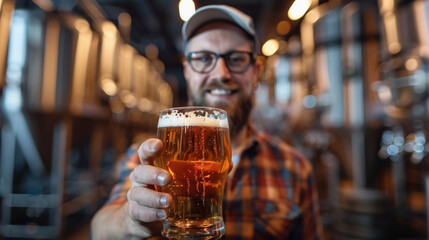 A smiling man in a plaid shirt and cap holding a glass of beer in a brewery with stainless steel tanks in the background.
