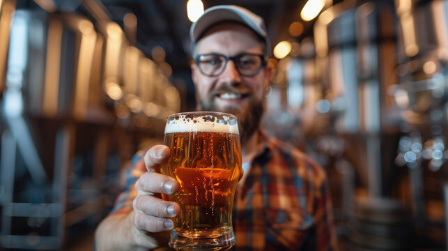 A smiling man in a plaid shirt and cap holding a glass of beer in a brewery with stainless steel tanks in the background.