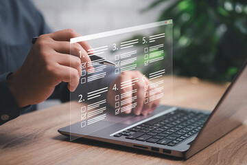Performance checklist assessment survey online concept, Businessman checkmark on a digital document, Choose the correct answer in a test, questions test, online exam, paperless technology survey form