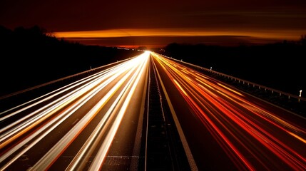 Nighttime long exposure of a road. A vibrant long exposure shot capturing the dynamic lights of cars traversing a road at night, reflecting the urban pulse