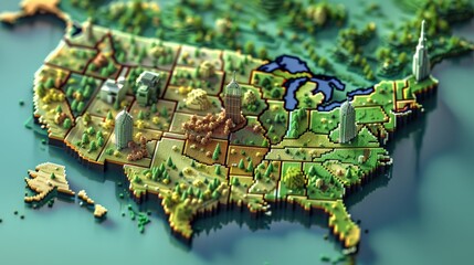 View Brazil states Maps 3D into captivating voxel art, adding a whimsical and dimensional touch to each states representation, diverse geography, Ensure each state stands out with depth ,isometric 
