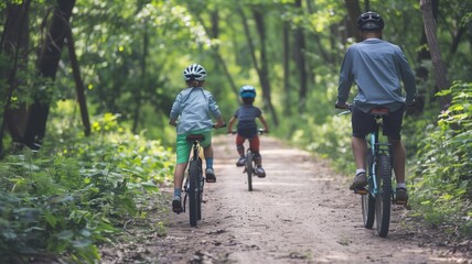 A father enjoys a bicycle ride through a lush park with his two children, showing them the joy of active outdoor recreation.