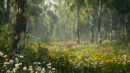  A tranquil forest glade with a carpet of wildflowers in bloom, surrounded by towering trees and...