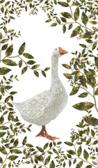 gentle watercolor goose with green leaves on a white background