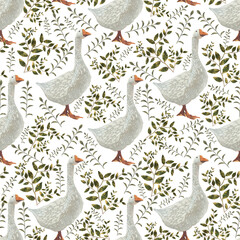 seamless watercolor pattern with geese and green leaves on a white background © Grin Katalin
