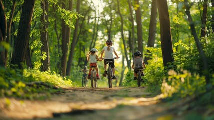 Obraz premium A group of children gleefully pedals along the green paths of the park, laughing and savoring every moment of their adventure.