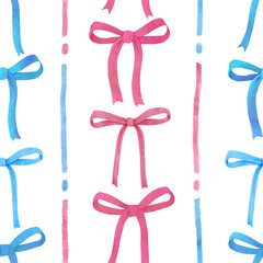 Bows seamless pattern. Pink and blue bows in a stripes. Watercolor illustration 