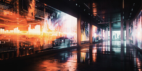 Obraz premium A large room with a cityscape on the wall