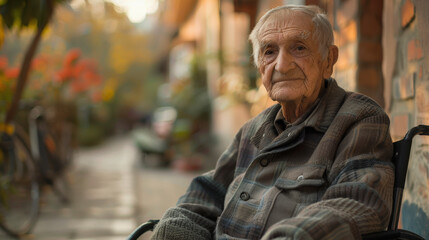Fototapeta premium An elderly man sitting in a wheelchair on a cozy porch, surrounded by plants, with a warm, blurred background suggesting a peaceful residential setting.