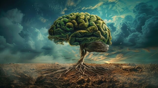 A human brain shaped like a tree, showing growth of mind, symbolizing the connection between knowledge and nature. best for mental growth articles