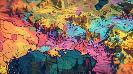 state map of America ,USA Showcase a larger-than-life, pixel art interpretation of a state map, focusing on vibrant colors and sharp, defined edges in a close-up view., 