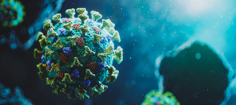 A close up of a virus with a blue and green color scheme