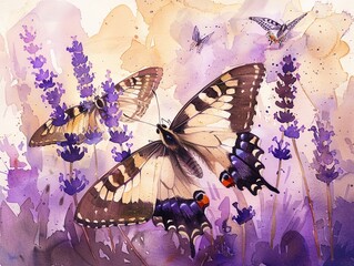 Nature inspired watercolor artwork, showcasing the graceful interaction of butterflies and lavender fields, in luminous pastel colors