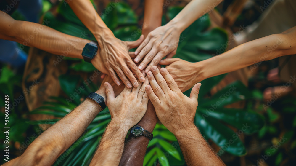 Poster a diverse group of people stacking hands one on top of the other in a show of unity and teamwork, ab