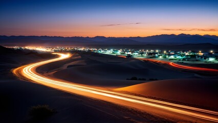 busy highway winding through undulating sand dunes during evening with dynamic flow of vehicles headlights
