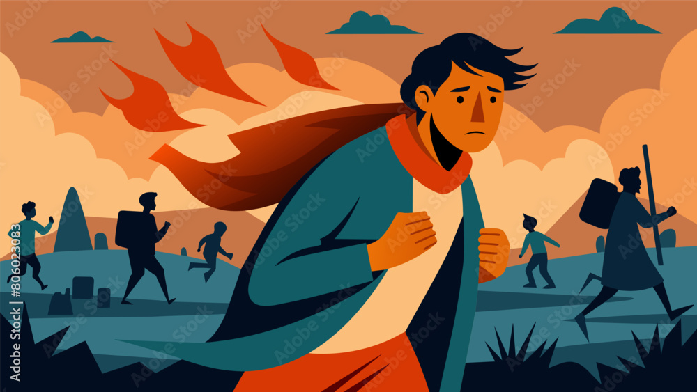 Poster a refugee fleeing war and violence displaying remarkable resilience and strength in the face of adve