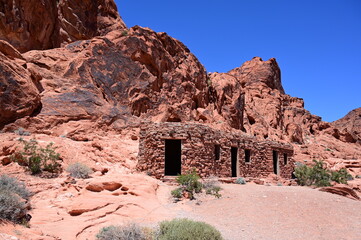 Stone cabin at the Valley of Fire National State park in Nevada, USA on a scorching hot day. 
