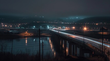 Fototapeta premium Nighttime long exposure of a road. A vibrant long exposure shot capturing the dynamic lights of cars traversing a road at night, reflecting the urban pulse