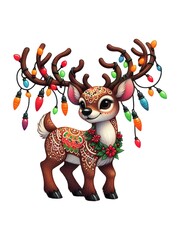 A reindeer with antlers and a red nose, wearing a Christmas wreath and garland  on a white background.