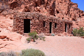 Stone cabin at the Valley of Fire National State park in Nevada, USA on a scorching hot day. 