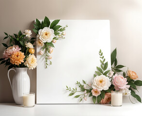 A bouquet of white, pink, and orange flowers in a vase next to a blank white canvas
