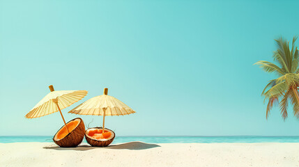 Coconut and umbrella on a beach ,generative ai